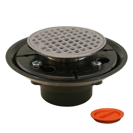 Jones Stephens 2inX3in ABS Shower Drain with 2in Brass Spud and 4in Round Chrome Plated Strainer with Test Plug D50411TP